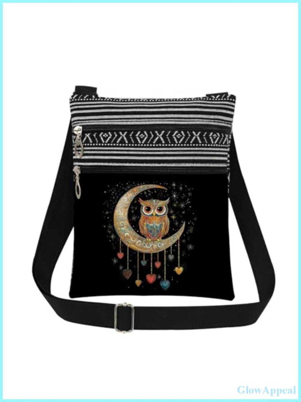 Owl Moon Crossbody Bag Polyester Adjustable Strap Dual Pocket Purse